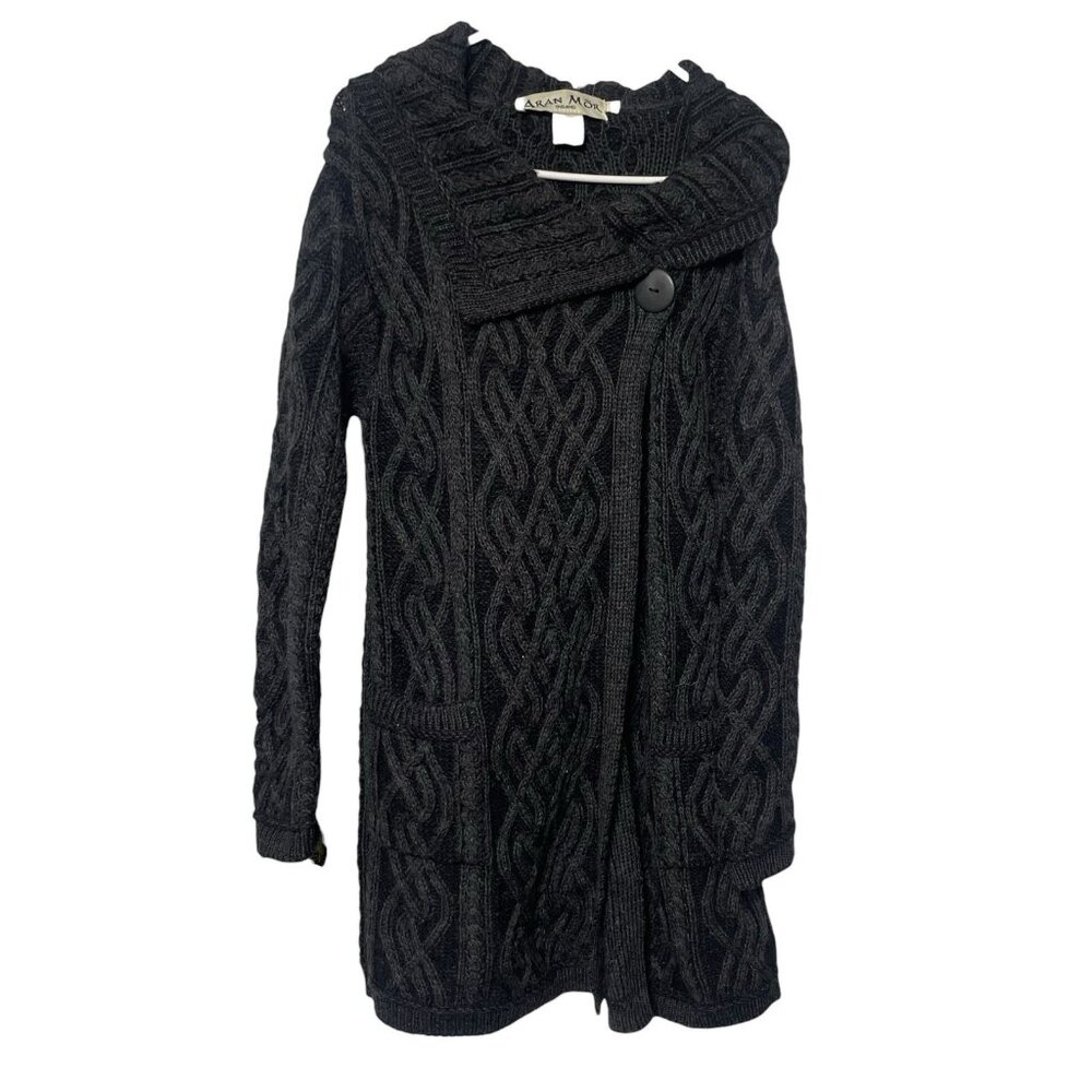 ARAN MOR Merino Wool Sweater Coat Cableknit Single Button Women’s S Dark Gray